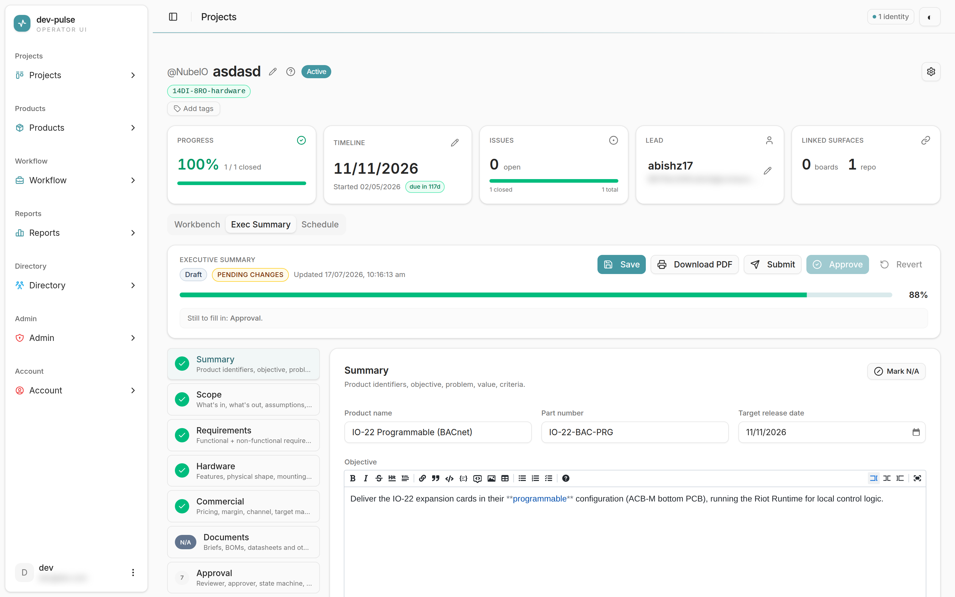 The Exec Summary tab, showing the action bar, completion meter, section list, and the Summary section's fields