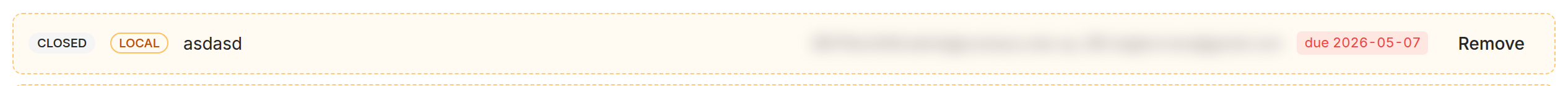 An issue row — state badge, local badge, title, assignees, due pill, and Remove