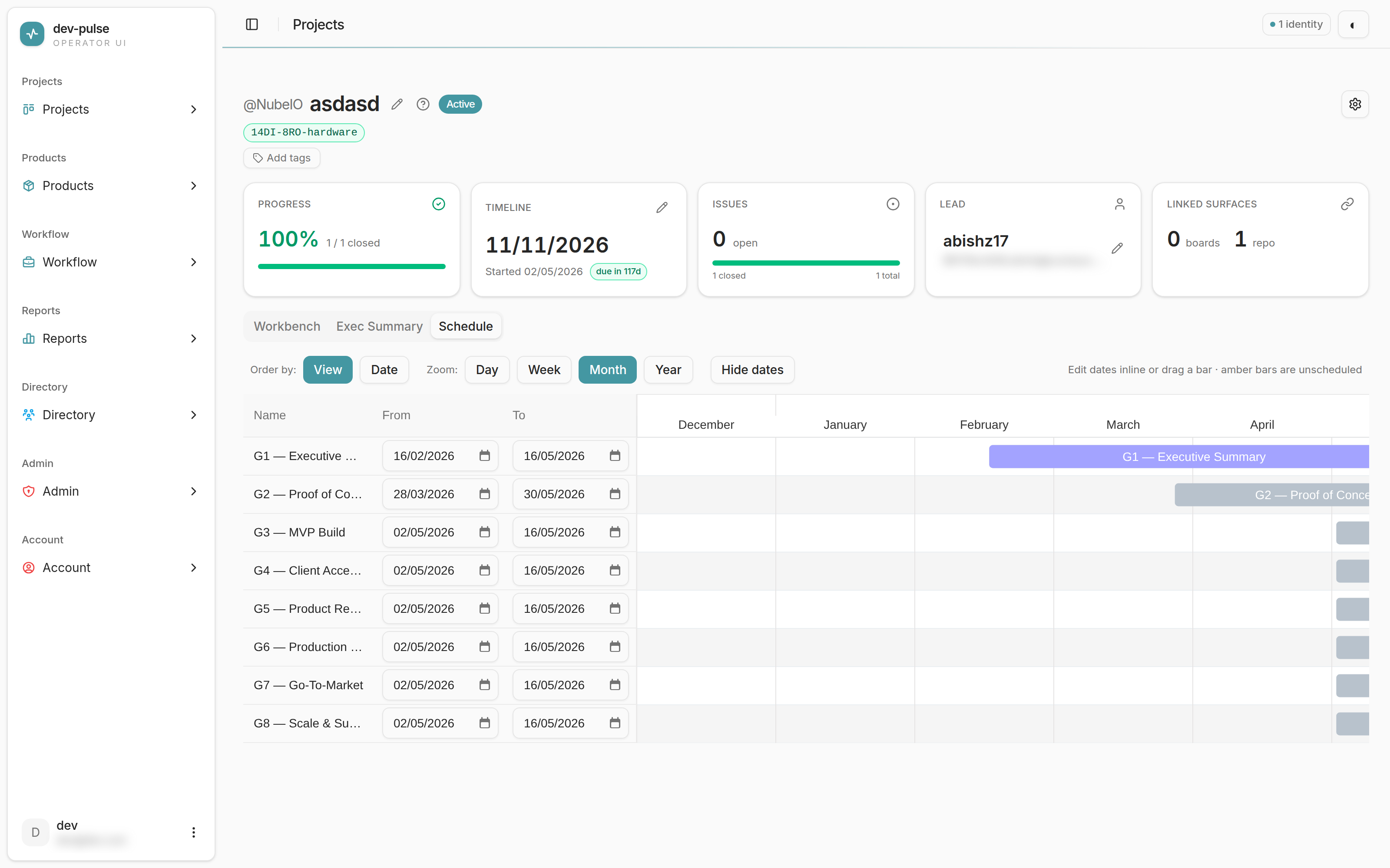 The Schedule tab — order and zoom controls, the date table, and the Gantt timeline